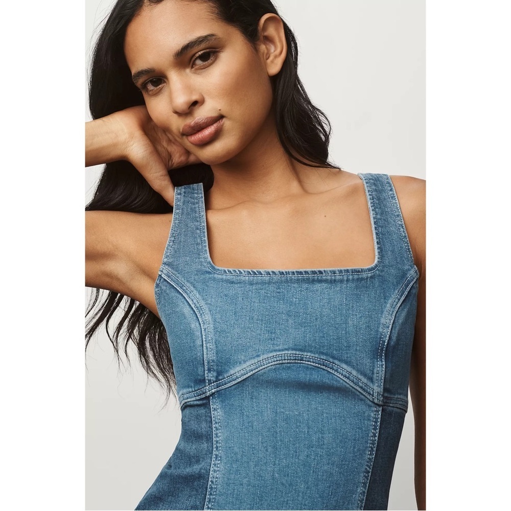 Anthropologie Pilcro Corset Denim Midi Dress Blue Square Neck Small NWT - Picture 3 of 10